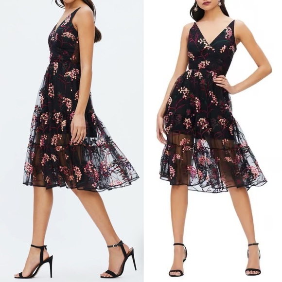 Dress the Population Black Paulette Embroidered Sequins Chiffon Midi Dress - XXS - Picture 2 of 8